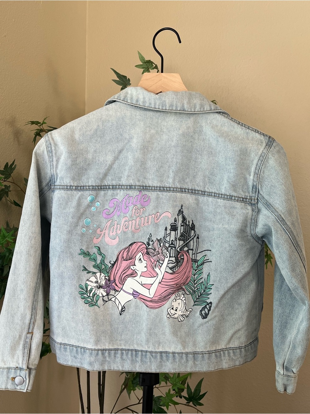 Disney Light Blue Denim Jacket with Pink Mermaid Graphic